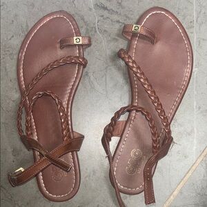G by Guess Brown Braided Leather Toe-Loop Sandals
